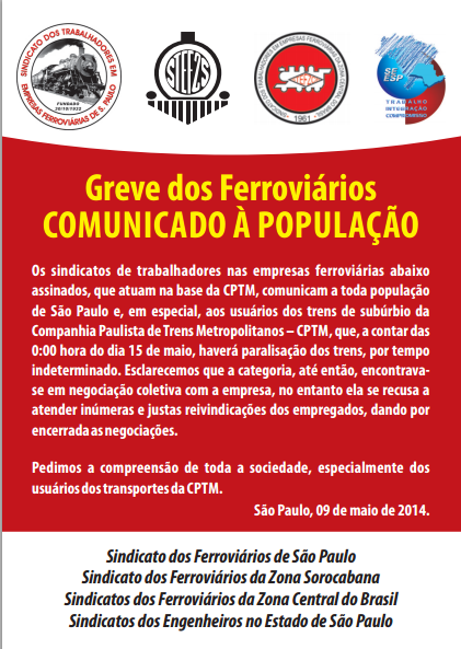 Ferroviários de São Paulo podem entrar em greve dia 15