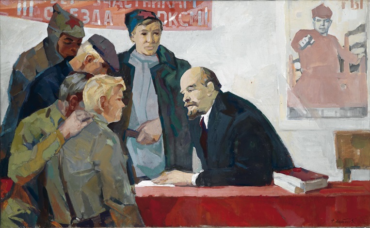 JUVENTUDE. Lênin conversa com membros da juventude comunista. (Arte: Fedor Antonov)