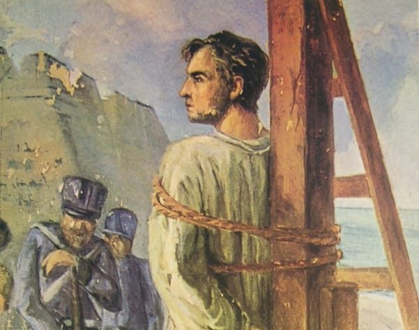Pintura de Frei Caneca amarrado a um poste de madeira esperando a execução da sua condenação por fuzilamento por ter participado da Confederação do Equador.